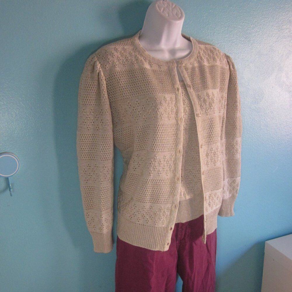 Vivanti Vintage Sweater Set 2 Piece Womens Size M Tan Crochet Top & Cardigan